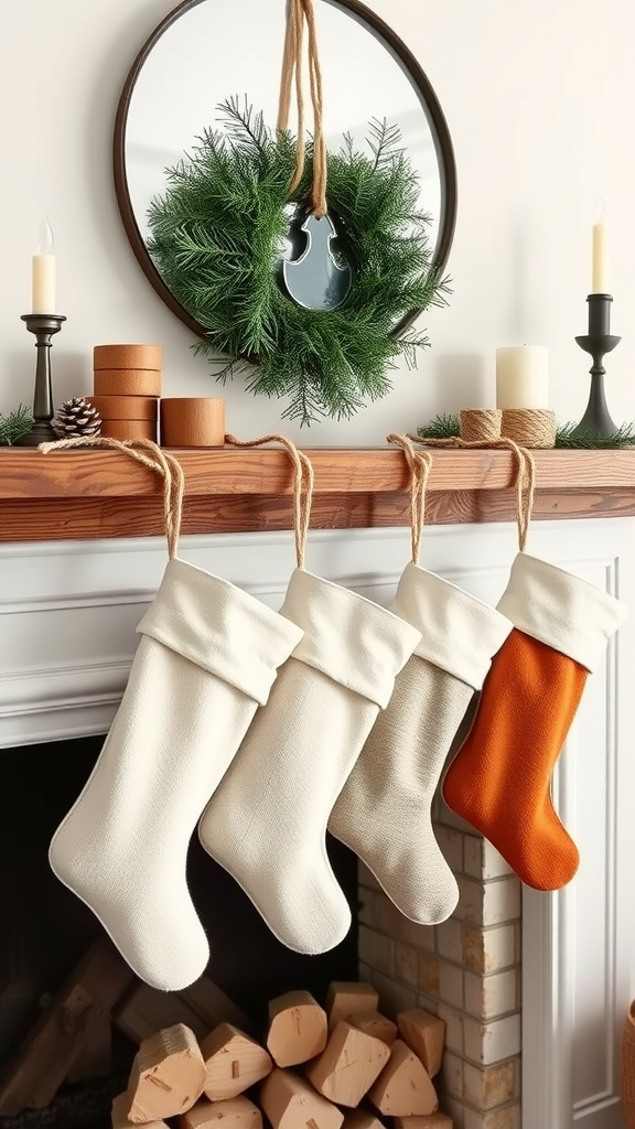 A set of minimalist Christmas stockings hanging on a mantel, featuring three cream-colored stockings and one orange stocking, with a wreath and candles in the background.