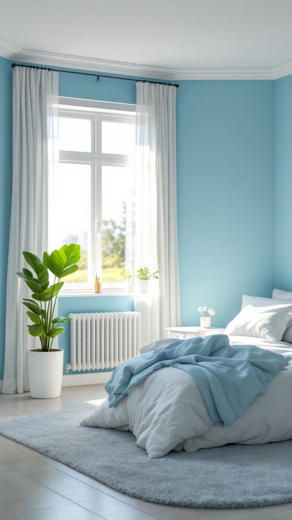 A bedroom featuring sky blue walls, white bedding, and a green plant, showcasing a refreshing atmosphere.