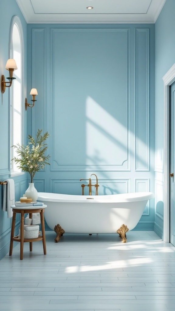 A serene sky blue bathroom featuring a freestanding bathtub, elegant fixtures, and natural light.