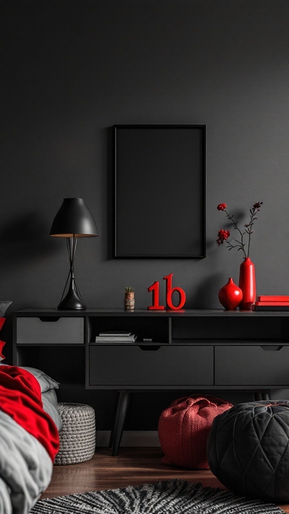 A modern bedroom featuring sleek black furniture with red accents