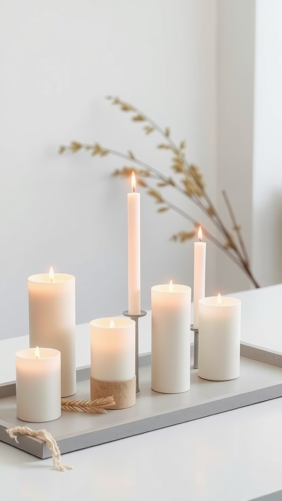 A minimalist arrangement of white candles on a tray, with soft lighting.