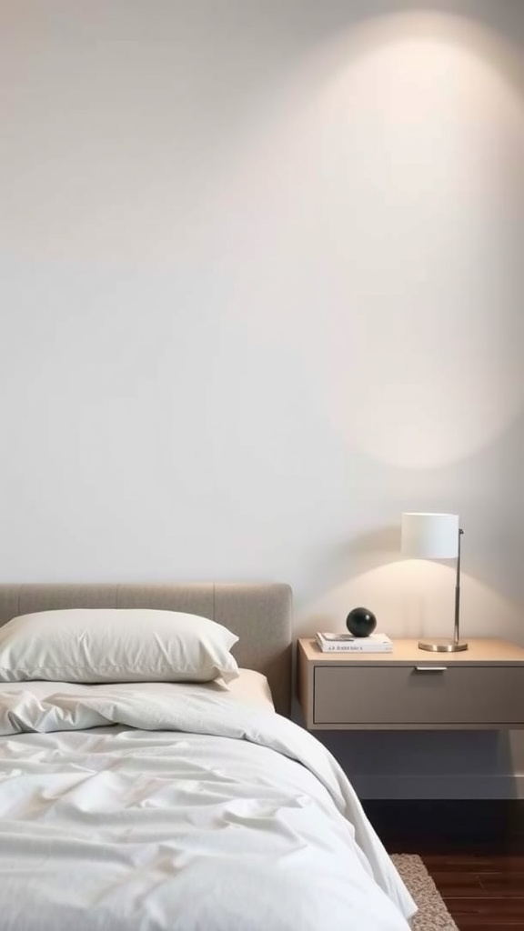 A modern bedroom showcasing a sleek floating nightstand beside a stylish bed.