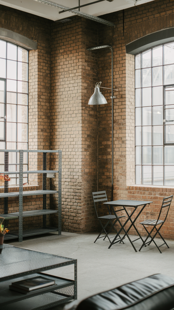 Industrial interior featuring brick walls, metal furniture, and large windows.