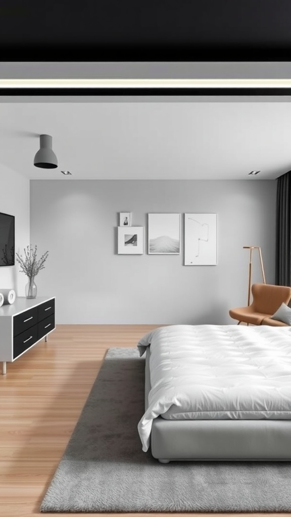 A minimalist bedroom featuring a modern bed, sleek lines, and soft decor.