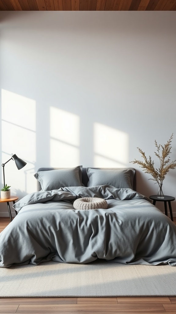 A stylish and minimalist bedroom featuring grey bedding and natural decor.