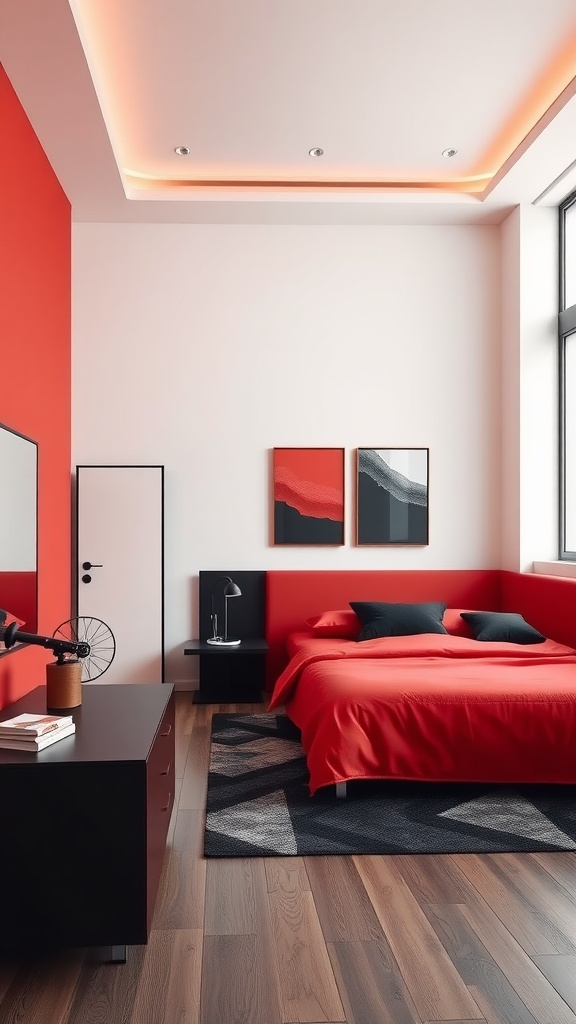 A modern bedroom featuring red and black colors with minimalistic design elements.