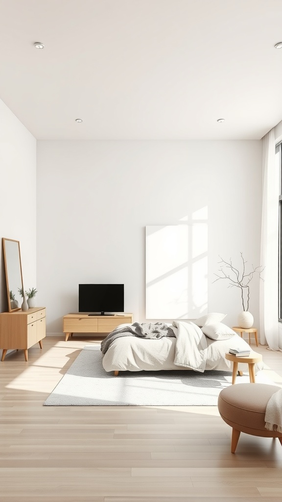 A sleek modern minimalist bedroom with light colors, wooden furniture, and a large window.