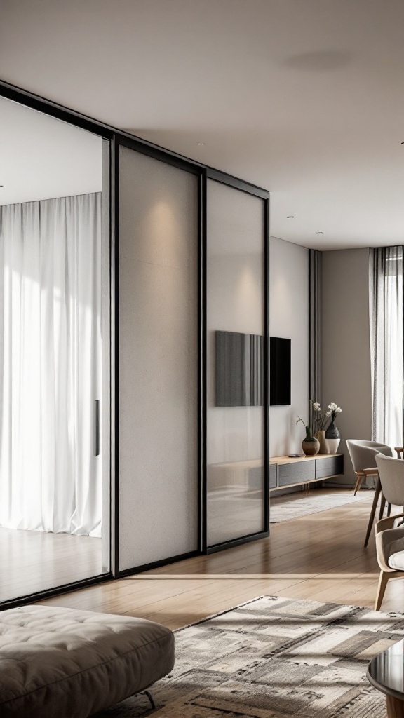 A modern living room featuring sliding panels that divide spaces