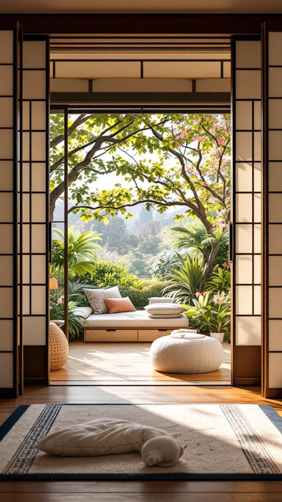 A serene view of a bedroom with sliding shoji doors opening to a lush garden.