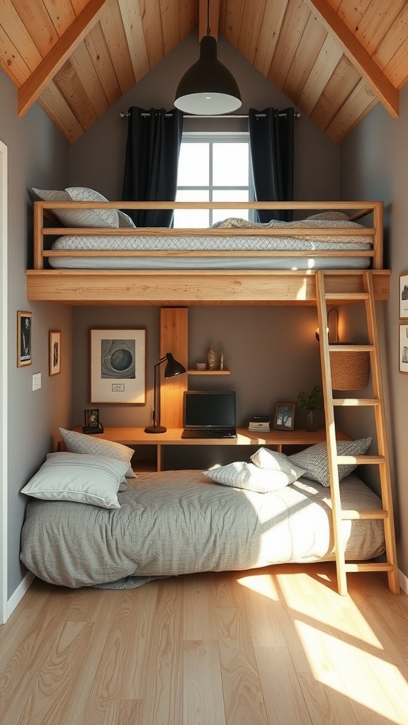 A cozy and functional lofted bed setup in a tiny bedroom, showcasing a workspace underneath.