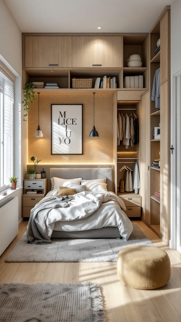 A small, stylish bedroom designed for couples, featuring a central bed, built-in storage, and warm lighting.