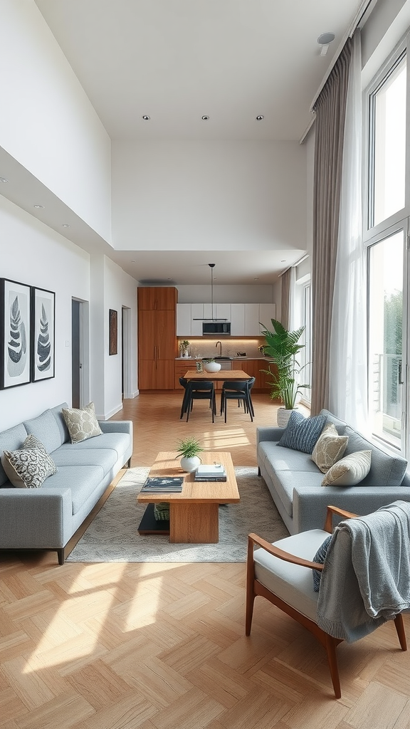 A stylish small living room with modern furniture, a wooden table, and large windows for natural light.