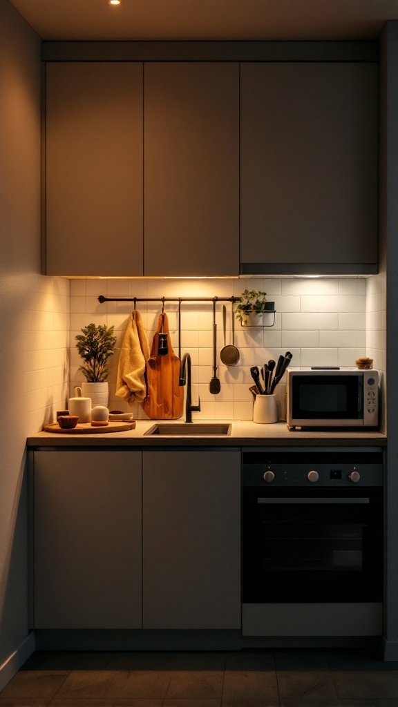 A small kitchen with soft under-cabinet lighting creating a warm atmosphere.
