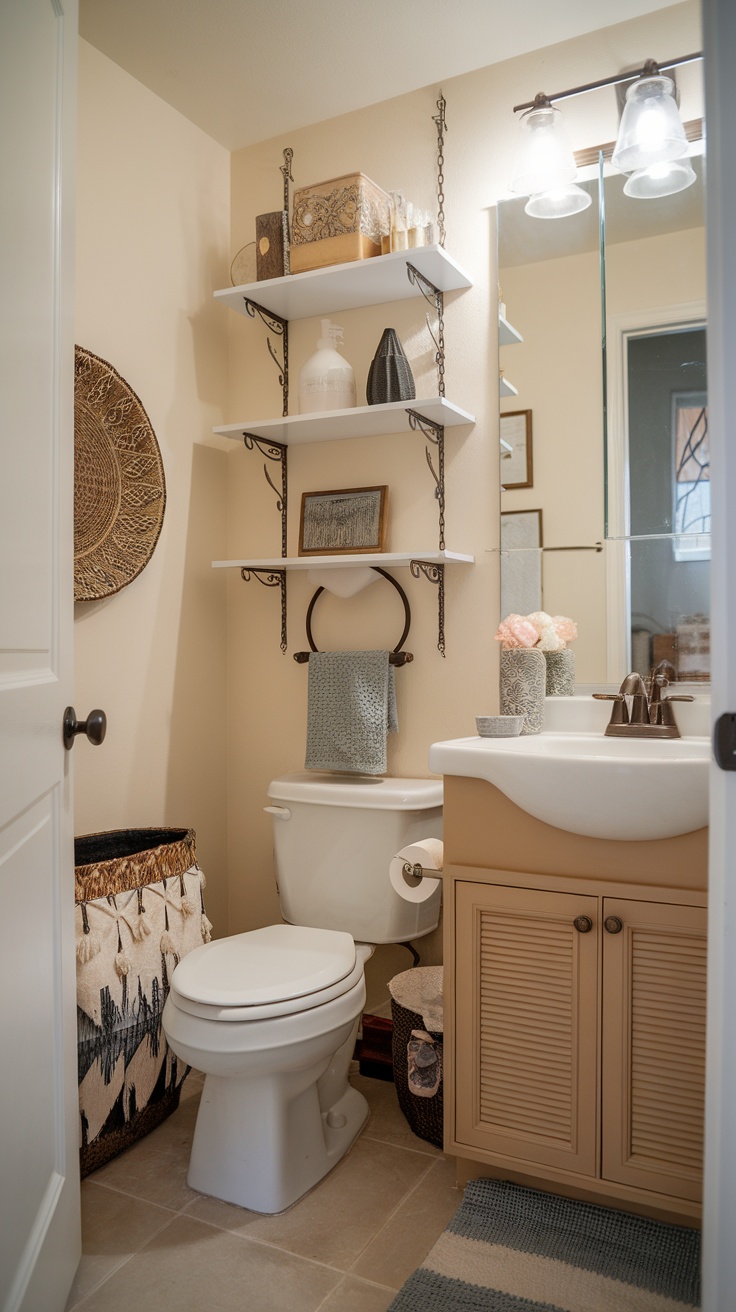 A small bathroom featuring open shelving, decorative items, and organized storage solutions.