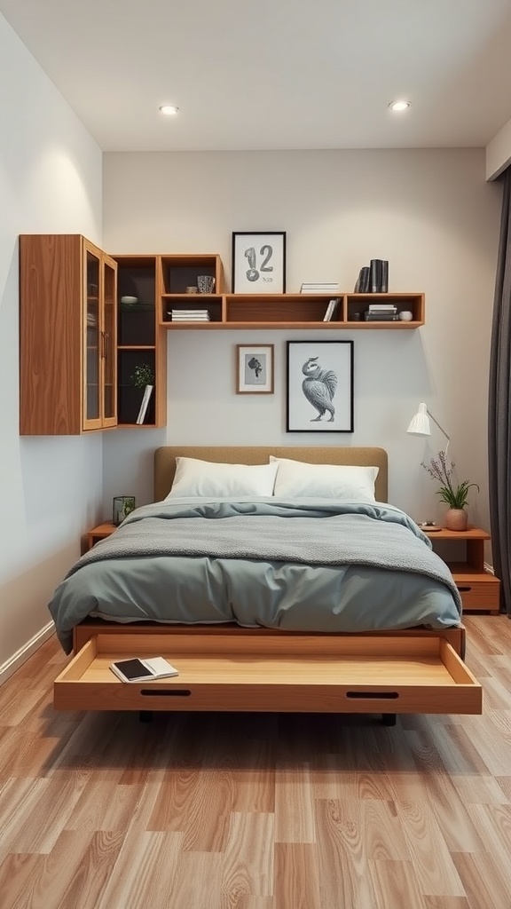 Cozy bedroom with smart storage solutions, featuring a bed with a storage drawer and wall shelves.