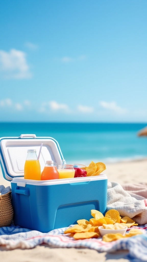 A blue cooler filled with drinks and snacks on the beach