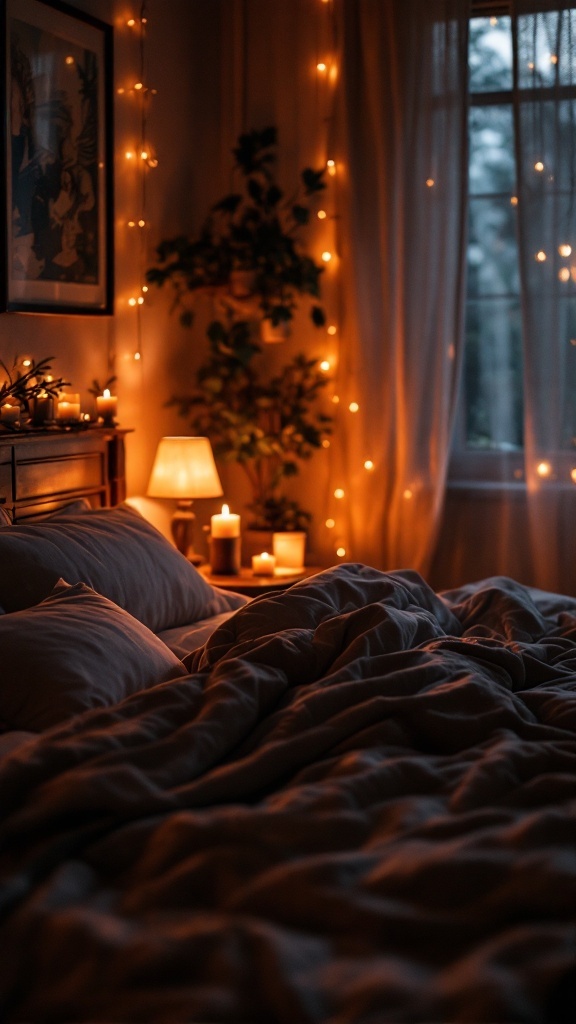 A cozy bedroom with soft ambient lighting featuring fairy lights, candles, and plush bedding.