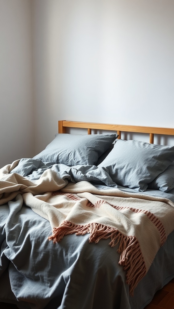 A cozy bed with grey flannel bedding and a soft beige throw blanket