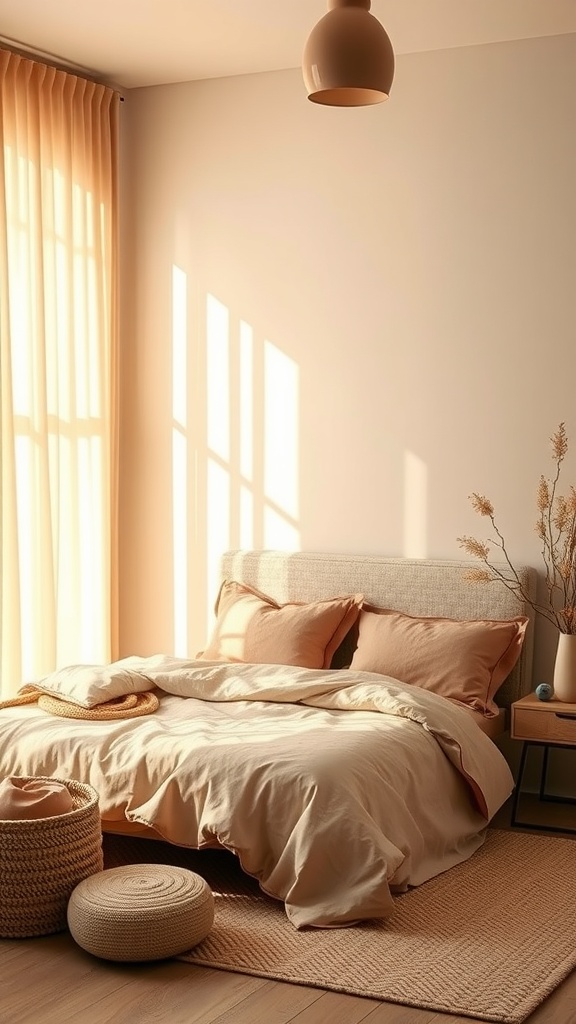 A cozy bedroom featuring soft beige walls, dusty rose bedding, and natural light coming through sheer curtains.