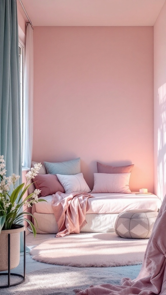 A small bedroom with soft pink walls, a cozy seating area filled with pillows, and light blue curtains.