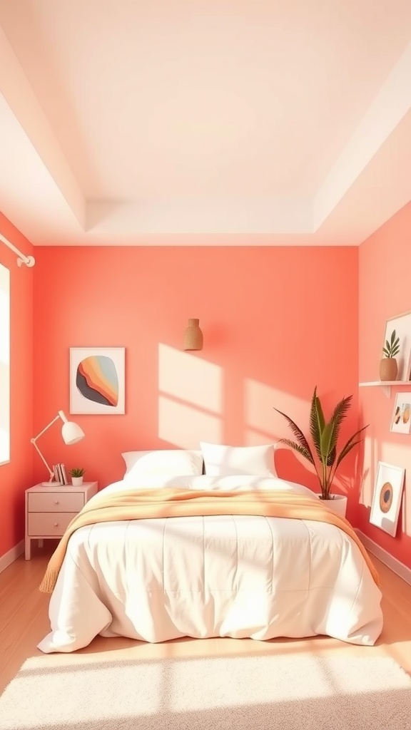 A modern bedroom featuring soft coral walls, white bedding, and natural light.