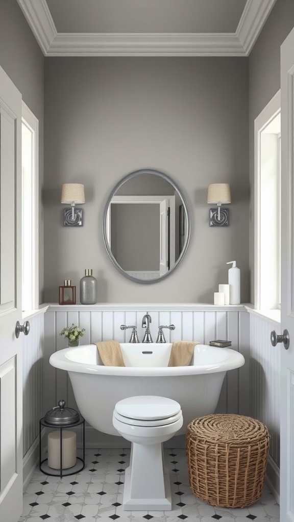 Bathroom featuring soft grey walls, white trim, a round mirror, and a freestanding tub.