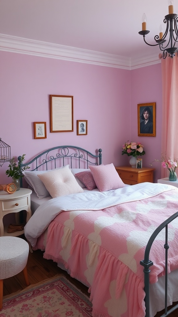 A cozy bedroom featuring lavender walls, a bed with pink and white bedding, and decorative accents.