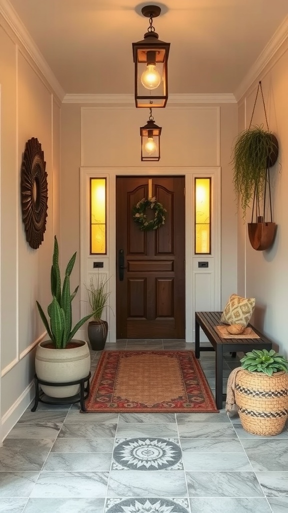 A bohemian entryway featuring soft lighting fixtures, plants, and warm decor.