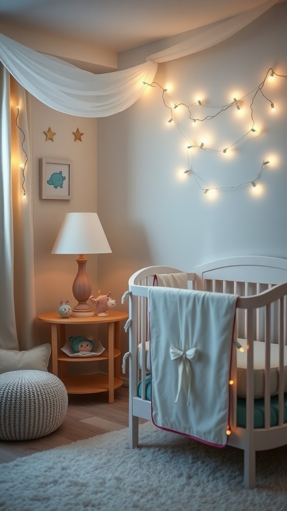 A beautifully decorated nursery with soft lighting, featuring string lights and a lamp.