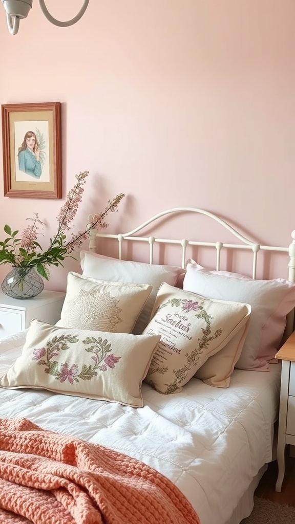 A cozy vintage bedroom with a soft pastel color palette, featuring a white bed with decorative pillows and a pink wall.