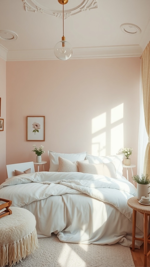 A cozy bedroom with pastel pink walls, a white bed with soft bedding, and natural light coming through the curtains.