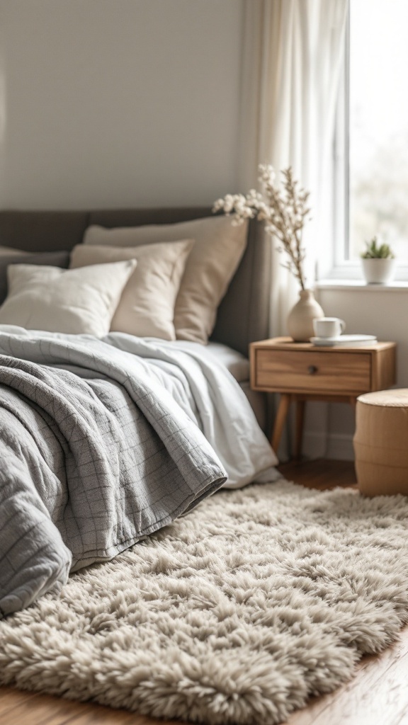 Cozy bedroom featuring a soft rug under a bed with neutral bedding and a small side table.