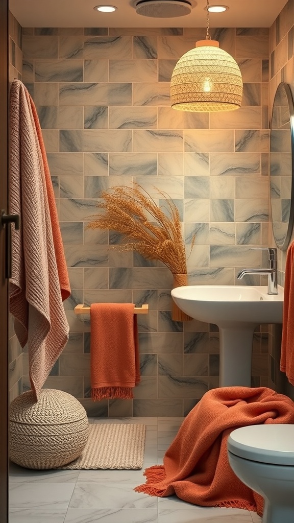 A cozy bathroom featuring soft textiles including towels and blankets.