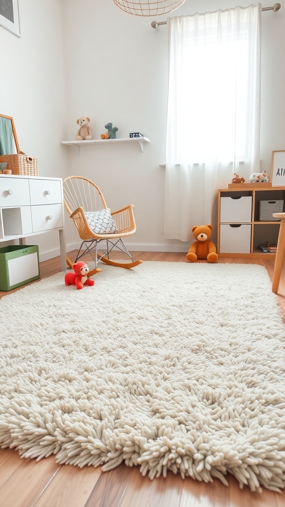 A light-colored, fluffy rug in a nursery with a rocking chair and toys.