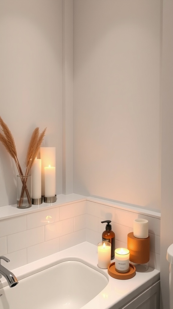 A cozy bathroom corner featuring candles and essential oils for aromatherapy.