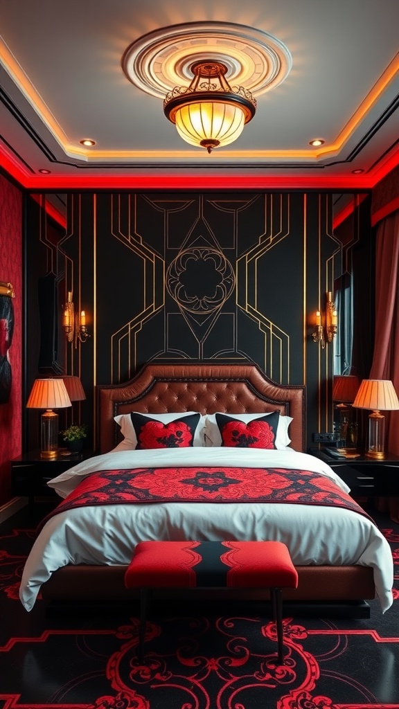 A luxurious bedroom featuring Art Deco elements with a red and black color scheme, ornate chandelier, and decorative pillows.