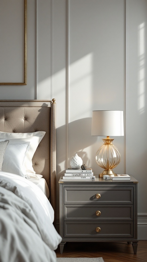 A sophisticated bedside decor featuring a stylish nightstand with a lamp, books, and decorative items next to a plush bed.