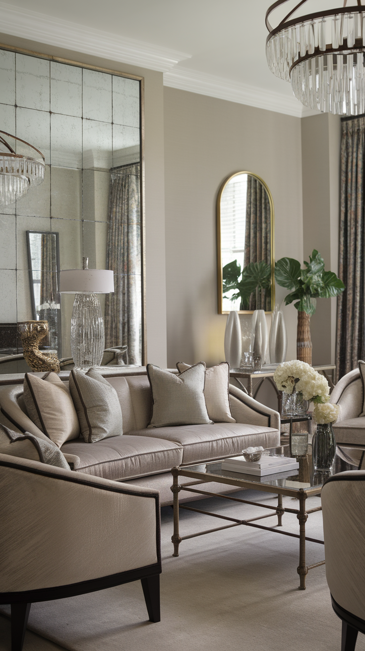 A stylish living room featuring metallic accents, a plush sofa, and elegant decor.