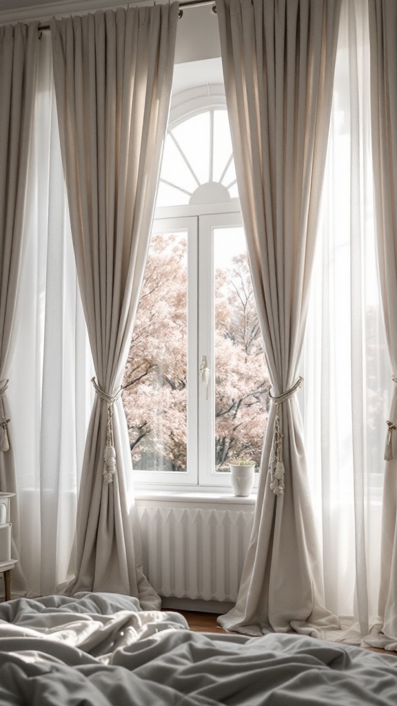 A bedroom with elegant drapes framing a window showcasing a view of blooming trees.