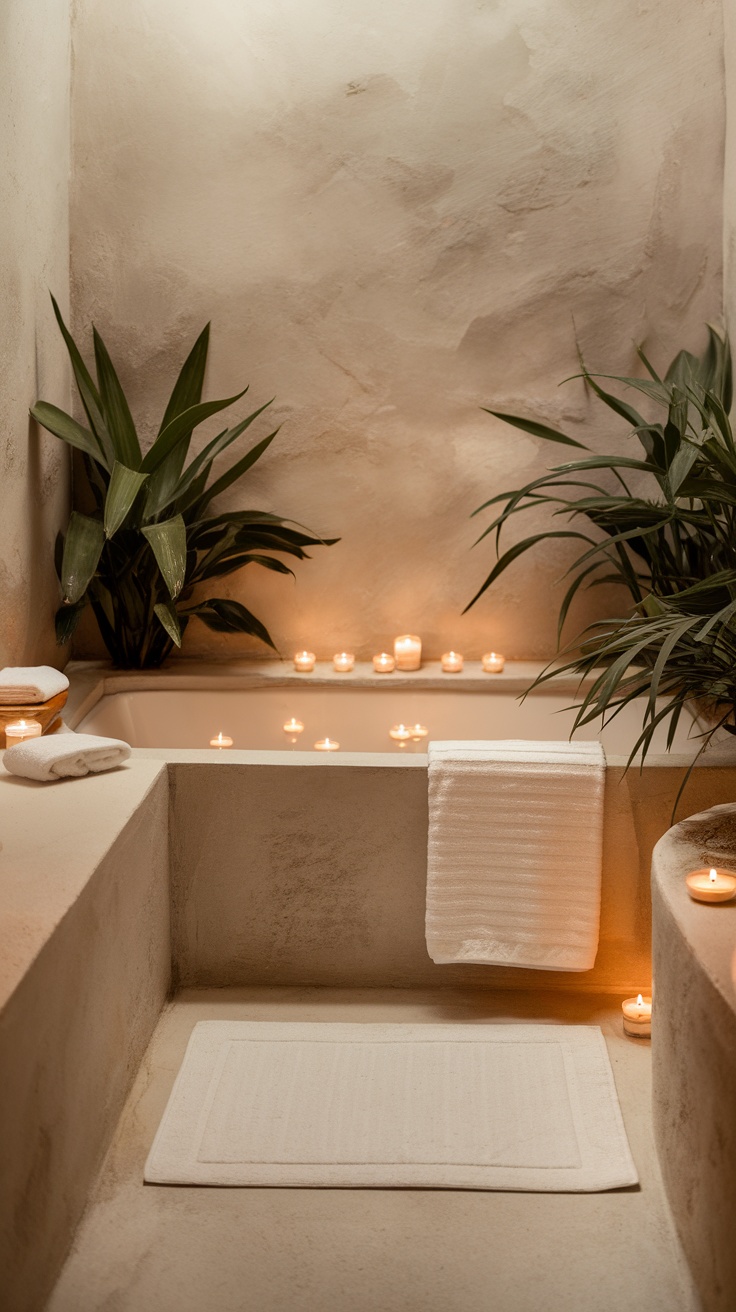 A serene bathroom with candles, plants, and a soaking tub