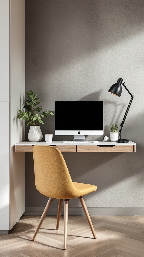 A stylish wall-mounted desk in a compact space with a computer and decorative plants.