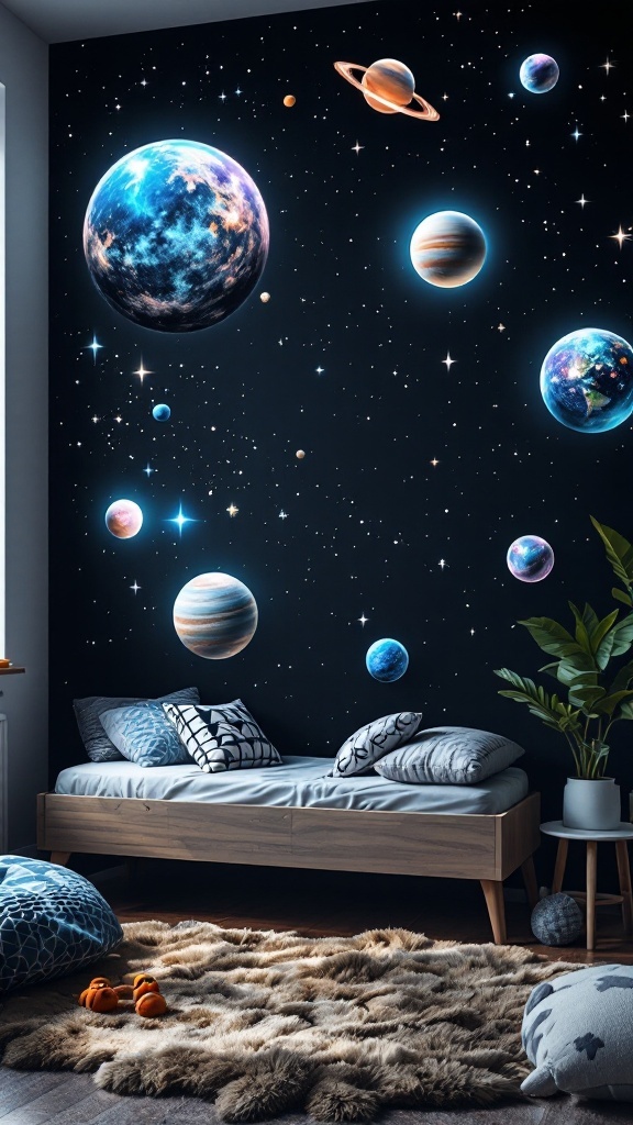Boys bedroom with galaxy wall art featuring planets, a wooden bed, and a cozy rug