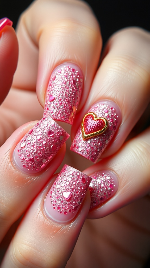 Close-up of pink glittery nails with heart designs and embellishments