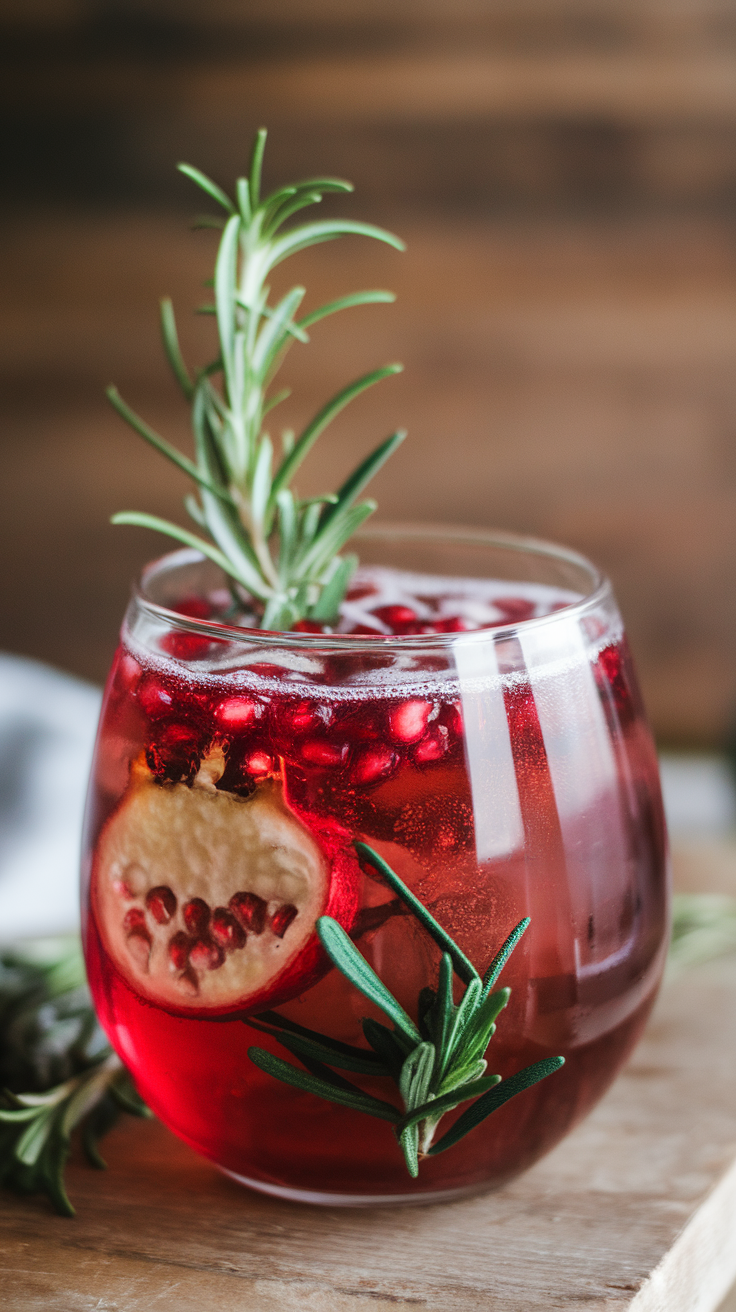 A refreshing sparkling pomegranate and rosemary mocktail.