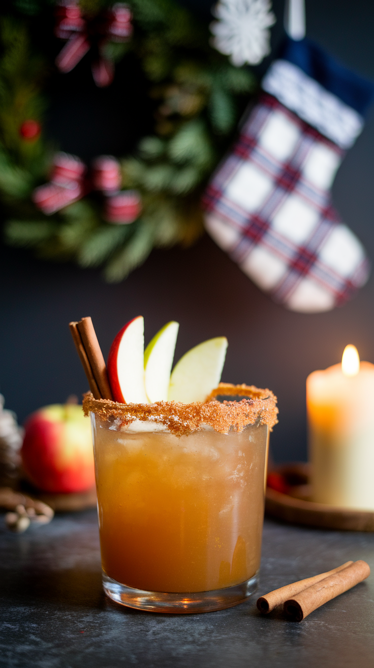 A festive spiced apple cider margarita garnished with apple slices and a cinnamon stick, with a holiday backdrop.