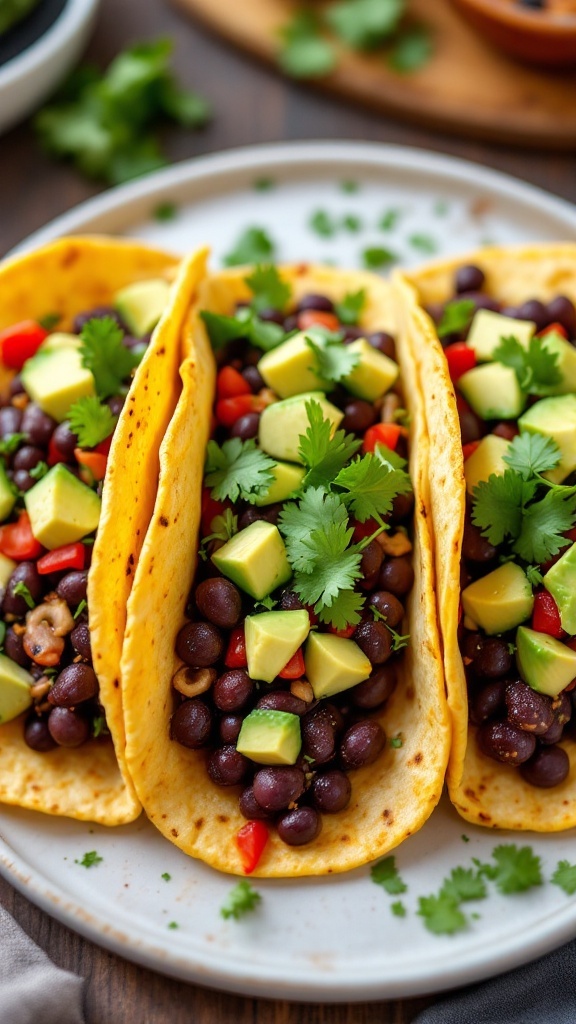 Three spicy black bean tacos topped with avocado and cilantro.