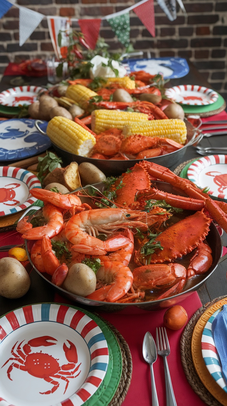 A vibrant seafood boil featuring shrimp, crab, corn, and potatoes on a festive table setting.