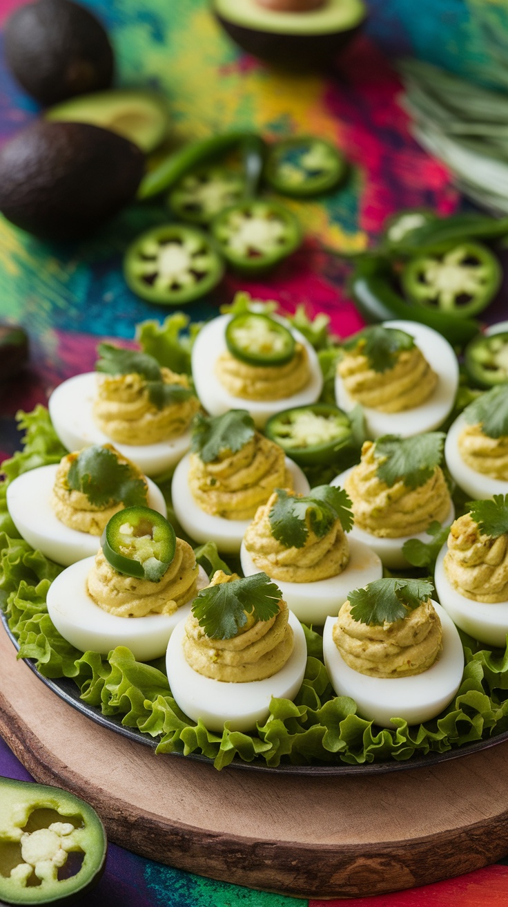 A vibrant plate of spicy jalapeño avocado deviled eggs garnished with cilantro, set against a colorful background.