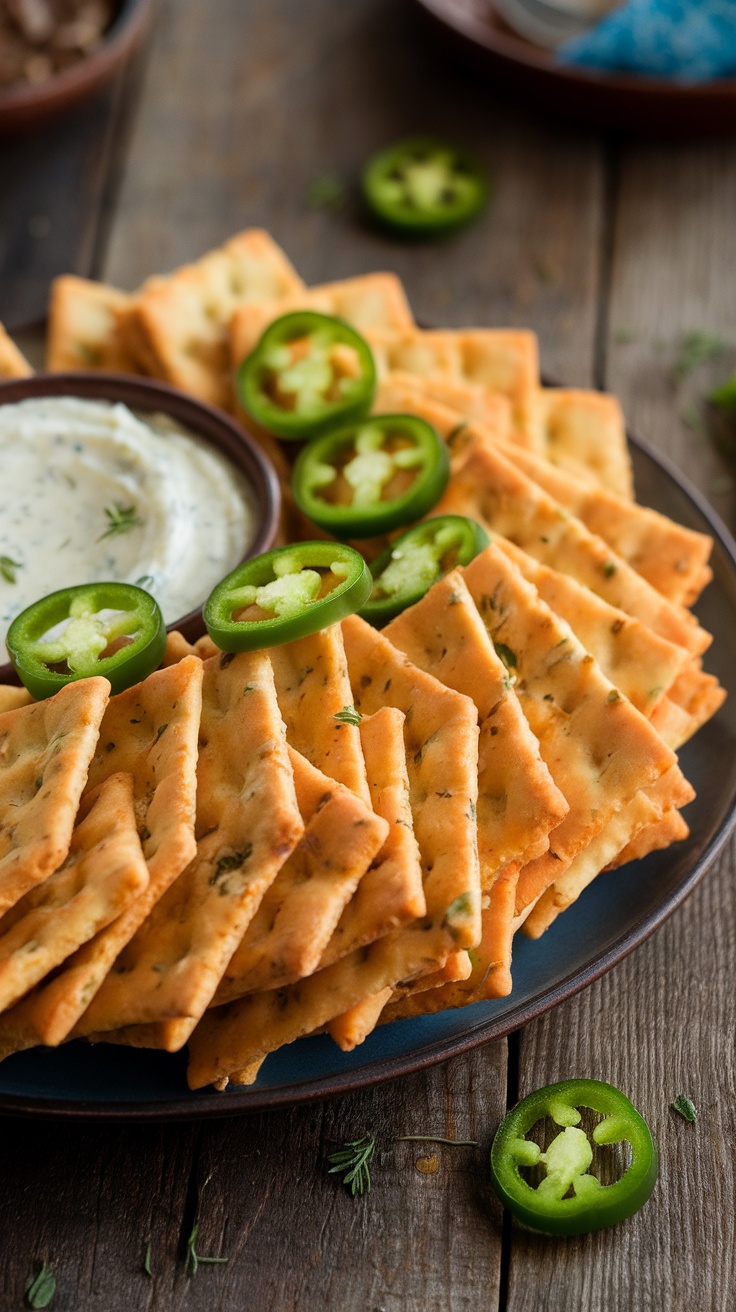 A plate of spicy jalapeño cheese crackers with a bowl of dip and fresh jalapeño slices