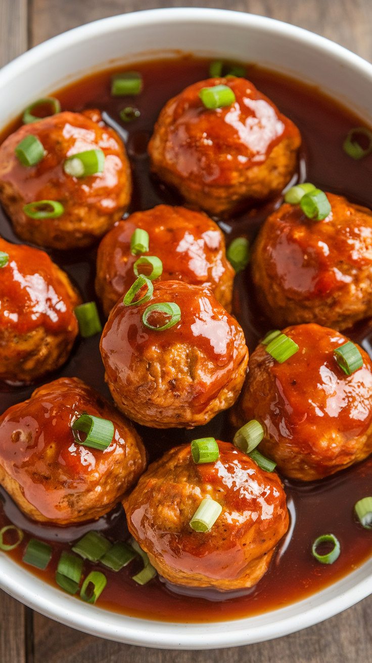 Spicy meatballs in tangy BBQ sauce garnished with green onions.